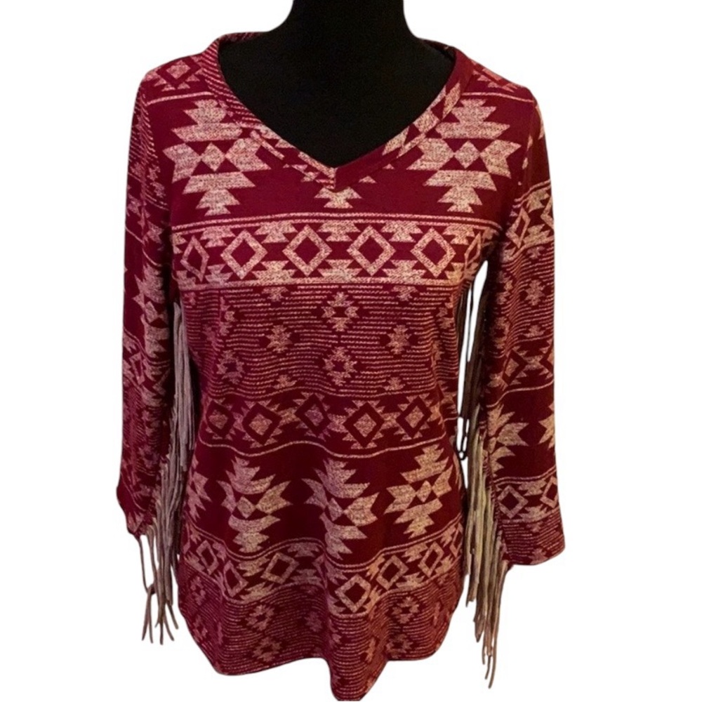 Vision USA Burgundy Aztec Long Fringe Sleeve Shirt Women’s Size Small